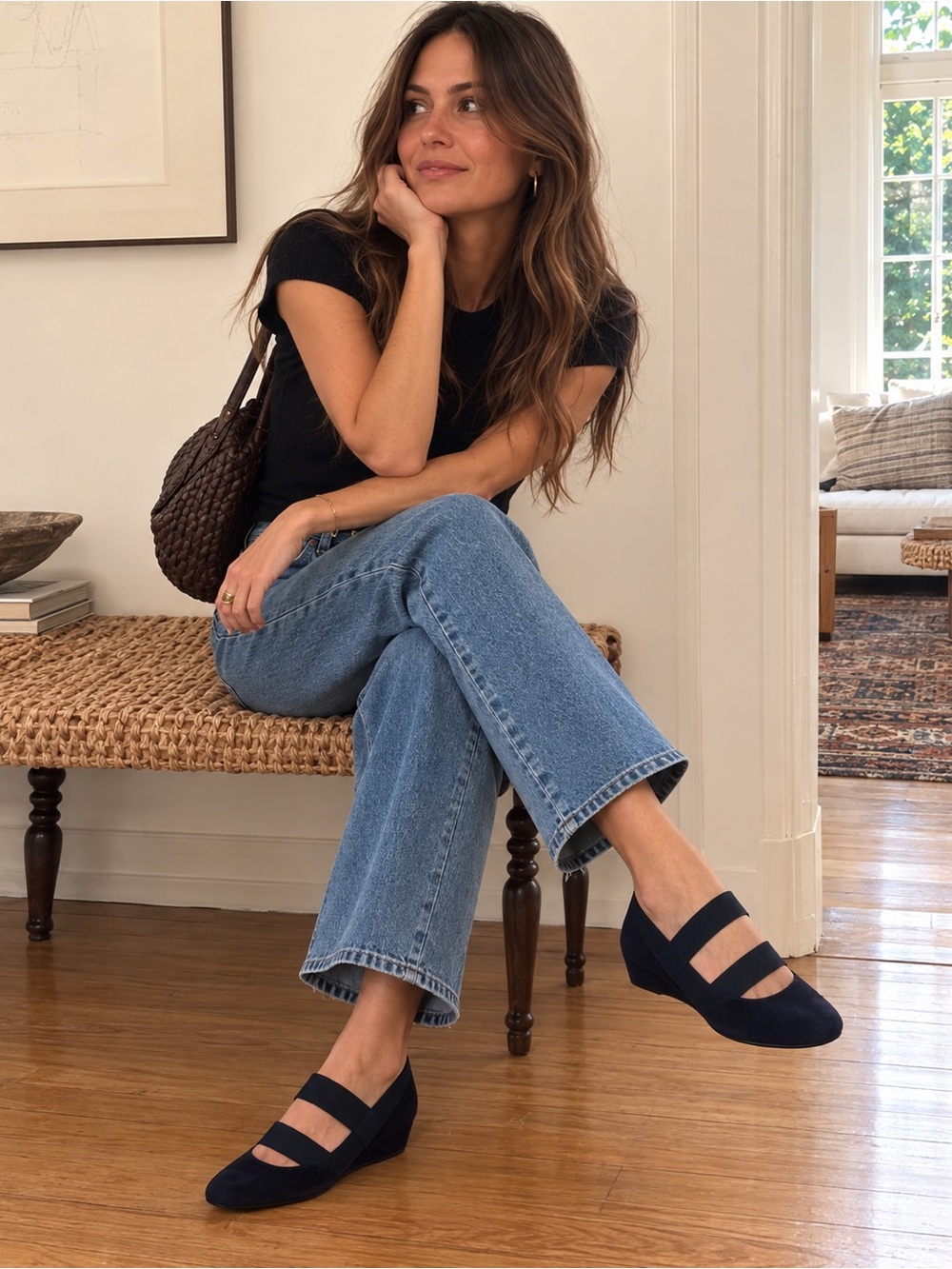 Aquatalia Navy Suede Wedge Mary Jane 7.5
